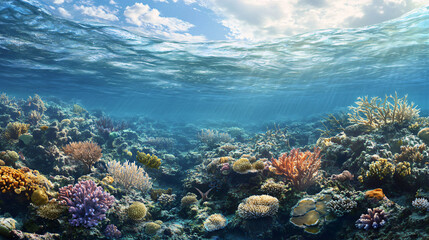 Fototapeta premium A depiction of coral reef ecosystems affected by rising sea temperatures with damaged marine life.