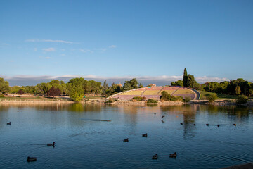Pond and stands of the Las Cruces park in the city of Madrid in the Carabanchel neighborhood