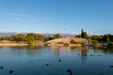 Pond and stands of the Las Cruces park in the city of Madrid in the Carabanchel neighborhood