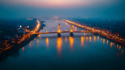 Aerial view of a illuminated bridge over a river at dusk.