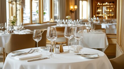 Elegant Table Setting in a Luxurious Restaurant with Wine Glasses  Plates  and Cutlery
