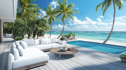 Fototapeta premium A luxury house with a beachfront pool, tropical palm trees, and panoramic sea views, with a sunbathing deck and a private pool for a summer beach.
