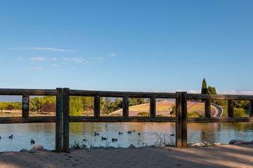 Obraz premium Pond and stands of the Las Cruces park in the city of Madrid in the Carabanchel neighborhood