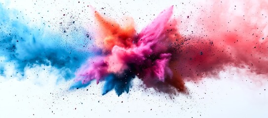 A vibrant explosion of colorful powder, creating a dynamic and energetic visual against a white background.