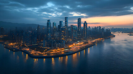Fototapeta premium Aerial view of a modern city skyline at dusk with illuminated skyscrapers and a waterfront.