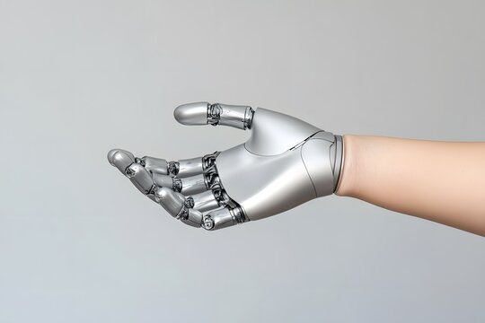 an arm with a metal robot hand, and white background