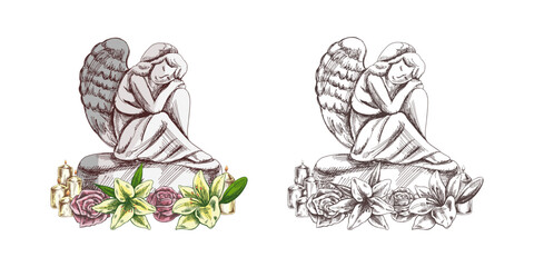 Hand drawn sad stone angel sitting with his head on his knees. Marble tombstone with candles and lilies. Vector drawing isolated illustration for funeral business. Sketch christian symbol of death