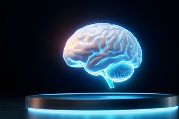 3D glowing blue brain on a black background, a minimalistic design with light effects