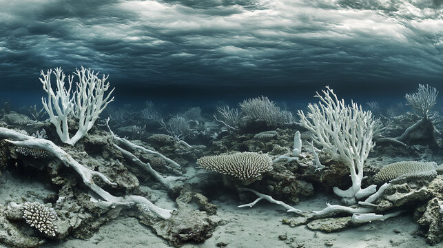 A depiction of coral reef bleaching due to warming ocean temperatures, showing dead and dying corals.
