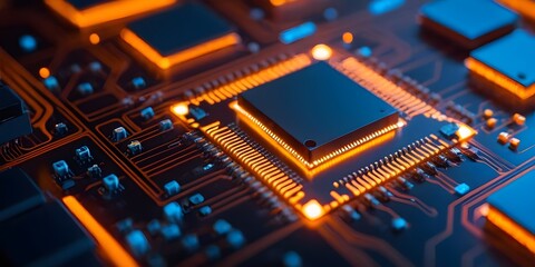 Fototapeta premium Glowing Computer Processor on Circuit Board