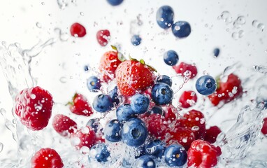 A vibrant splash of fresh strawberries, blueberries, and raspberries, bursting with color and juicy texture.