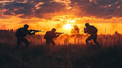 Fototapeta premium Silhouettes of Soldiers at Sunset