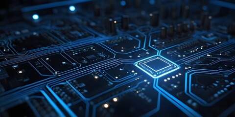 Glowing Blue Circuit Board with Central Processor