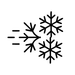 Snowflake blowing in wind icon, black and white, winter breeze design