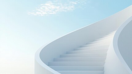 A serene, minimalistic image of a curved white staircase ascending into a bright blue sky, symbolizing ascent and tranquility.