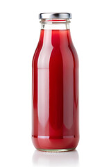 Clear red juice bottle with metal cap, no label