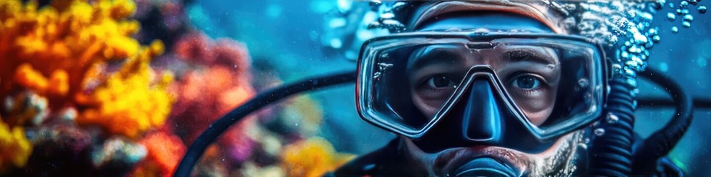 A scuba diver blows bubbles through snorkel tube near colorful coral reefs