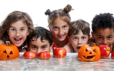 Kids enjoying a traditional Halloween activity of bobbing for apples at a fun event Isolated on Transparent Background PNG.