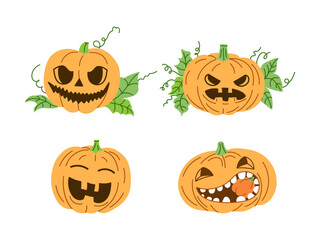 Vector flat style Halloween Illustration. Hand-drawn scary pumpkin sketch set. Element for labels, packaging and cards design.