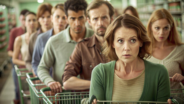 Group of anxious people waiting in line at a supermarket checkout