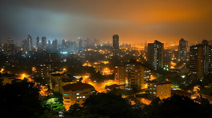 Obraz premium An aerial view of a city at night, with buildings illuminated by streetlights and a hazy orange sky.
