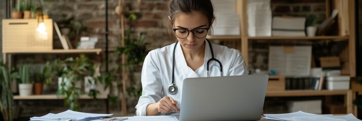 Fototapeta premium Female Doctor In Blue Scrubs Working On Laptop With Papers At Desk In Medical Clinic Office