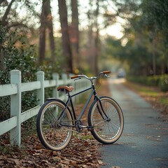 Fototapeta premium A classic black bicycle leaning against a white wooden fence with fallen leaves on the ground.