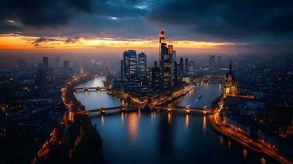 Fototapeta premium An aerial view of a city skyline at dusk with a river flowing through the center. The buildings are illuminated by streetlights and the sky is a mix of orange and blue.