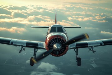 Vintage aircraft flying above the clouds during sunset