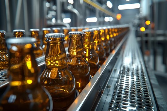 Bottling process of amber beverages in a modern factory setting