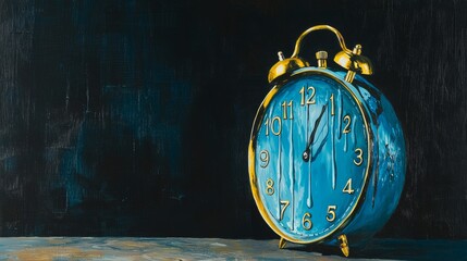 Surreal Melting Clock, Time Passing Concept, Blue and Gold, Vintage Alarm Clock, Dark background