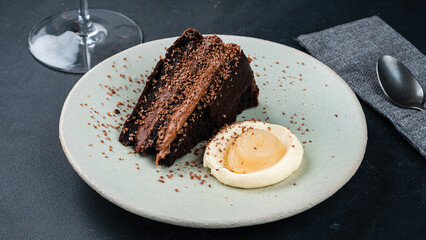 A piece of chocolate cake in a plate.