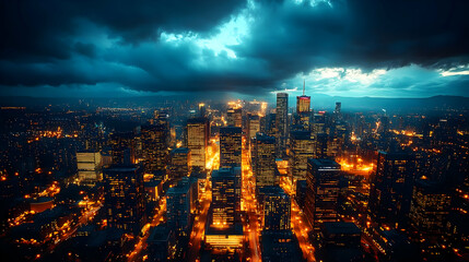 An aerial view of a city skyline at night with dramatic storm clouds.