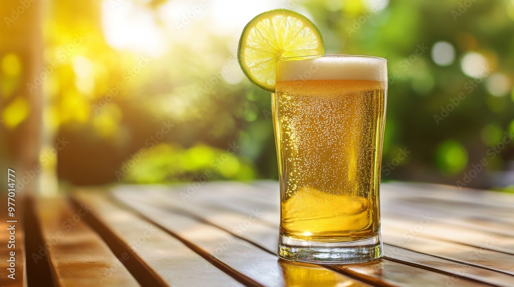 Poster a chilled glass of beer with a slice of lime on the rim, set on a bright outdoor table with a relaxe