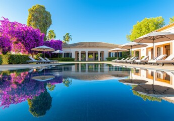 Obraz premium The swimming pool of a summer resort is surrounded by outdoor furniture
