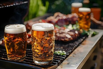 Refreshing beers beside a barbecue grill with sizzling meat outdoors