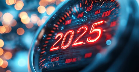 Futuristic speedometer with glowing red numbers displaying the year 2025, symbolizing progress and acceleration towards the future