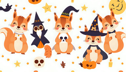 "Adorable Squirrel Dressed for Halloween: Autumn Season Flat Vector Pattern with Ghosts, Vampires, Witch Hats, Skulls, Stars, and Candles.