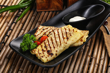 homemade stuffed pancake with meat