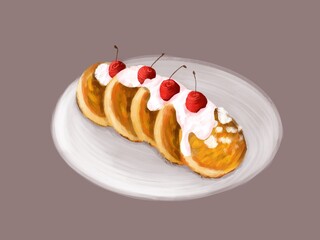 Simple Hand-Drawn Cheesecake with Cream and Cherries - Cute Minimal Dessert Sketch Illustration