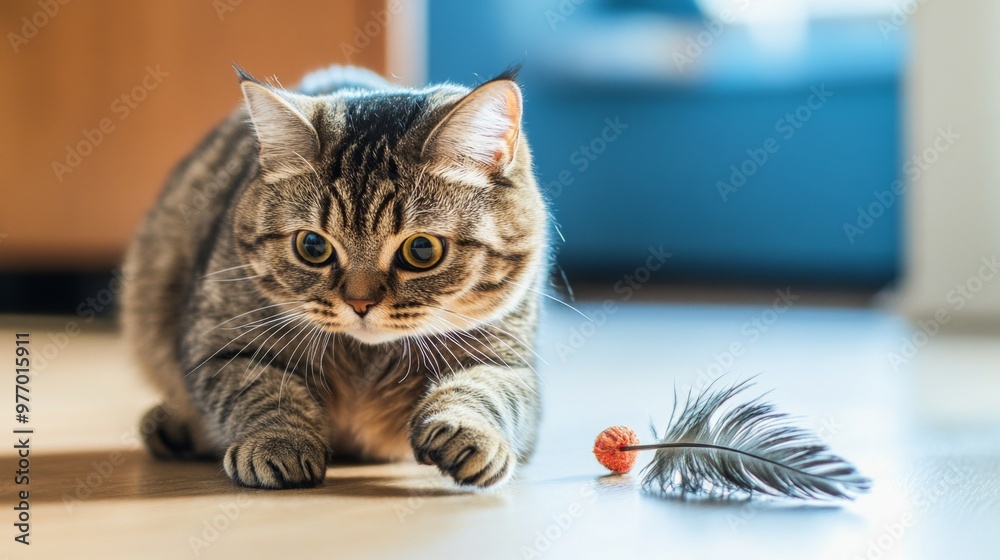 Poster A chubby cat playing with a feather toy, showcasing its playful side and rounded figure, with a clean, bright background to emphasize its size