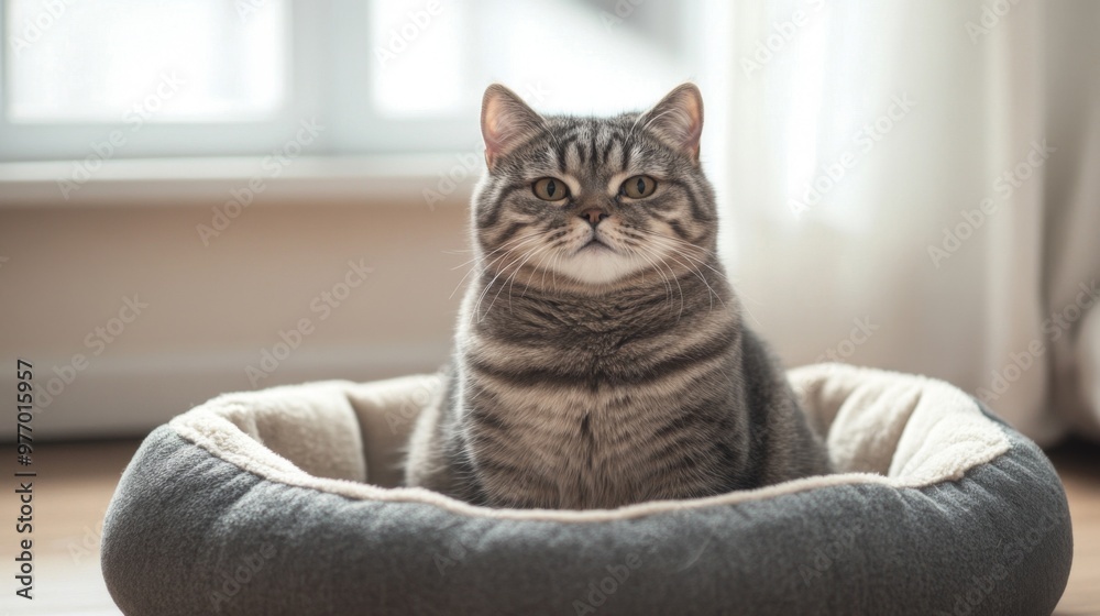 Poster a chubby cat sitting upright in a cat bed, with a focus on its full body and content expression, set