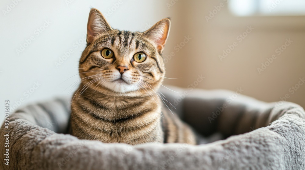 Poster a chubby cat sitting upright in a cat bed, with a focus on its full body and content expression, set