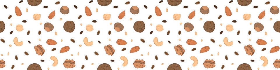 Nut seamless pattern with line icons. Vector background of dry nuts and seeds - almond, cashew, hazelnut, walnut, . Food background.
