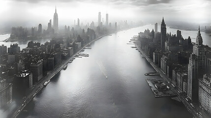 Obraz premium An aerial view of a city skyline with a river flowing through it. The city is in the distance and is obscured by fog or haze.