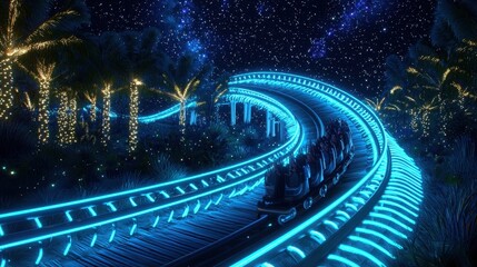Nighttime Rollercoaster Ride Through Tropical Jungle with Neon Lights and Starry Sky