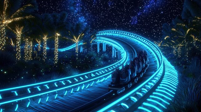 Nighttime Rollercoaster Ride Through Tropical Jungle with Neon Lights and Starry Sky - Powered by Adobe