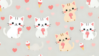 Cartoon seamless pattern with colorful cats. Cats with ice cream and hearts. Childish texture for fabrics, textiles, clothing, wallpaper. Vector illustration .