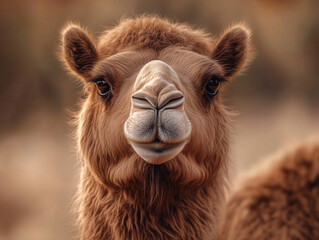 Obraz premium Camel, Camelus dromedarius, close up with golden light in a desert setting