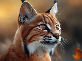 Fototapeta premium Caracal, close up with warm tones in a scenic savanna